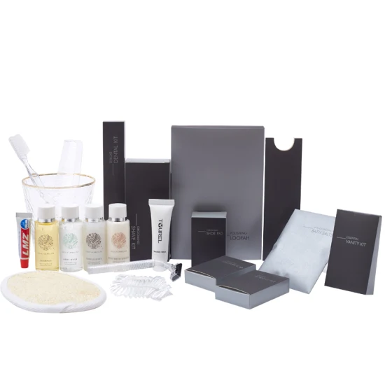 Kit de produtos de higiene pessoal de banheiro de hotel 5 estrelas personalizado Conjunto de comodidades de quarto de hotel de luxo